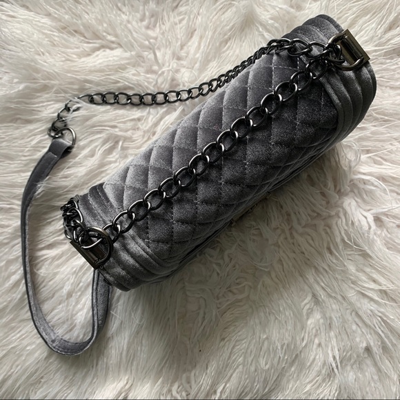 Grey/Silver Velvet Quilted Purse / Messenger Bag - Picture 3 of 8